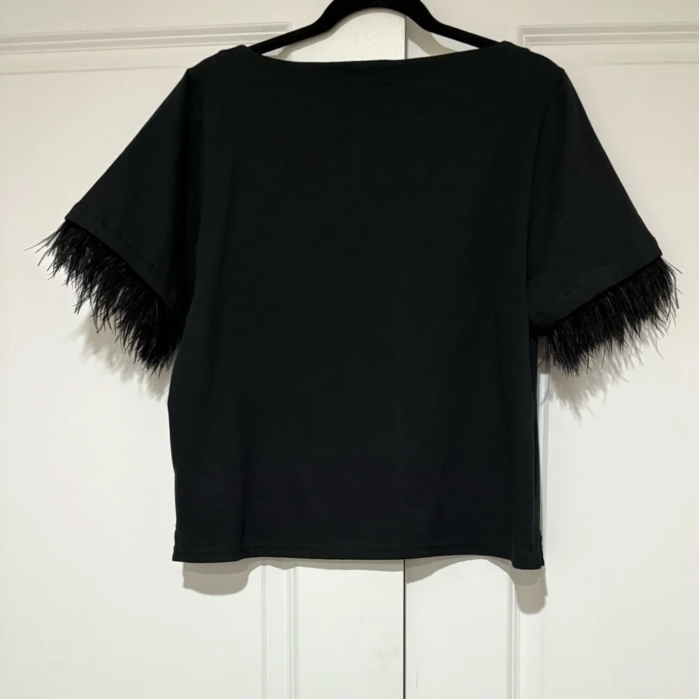 NWT J. Crew Black Mariner Jersey Cropped Boatneck T-Shirt  With Feather Cuff